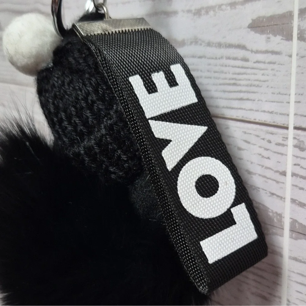 Hdsp Black Faux Fur Doll sleeping Pom Pom Key Chain Polka Dot Bow LOVE Strap